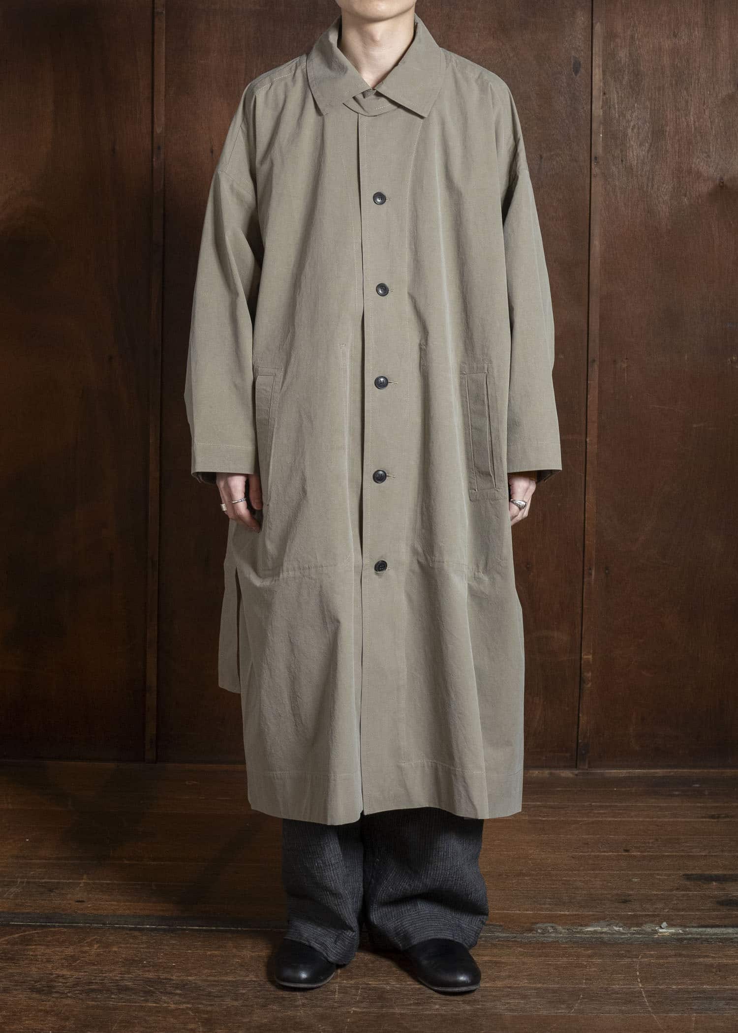 JAN-JAN VAN ESSCHE COAT#34 LONG COAT JET POCKETS, BACK SPLIT, BELT, UNLINED Time Washed Light | Stone Grey