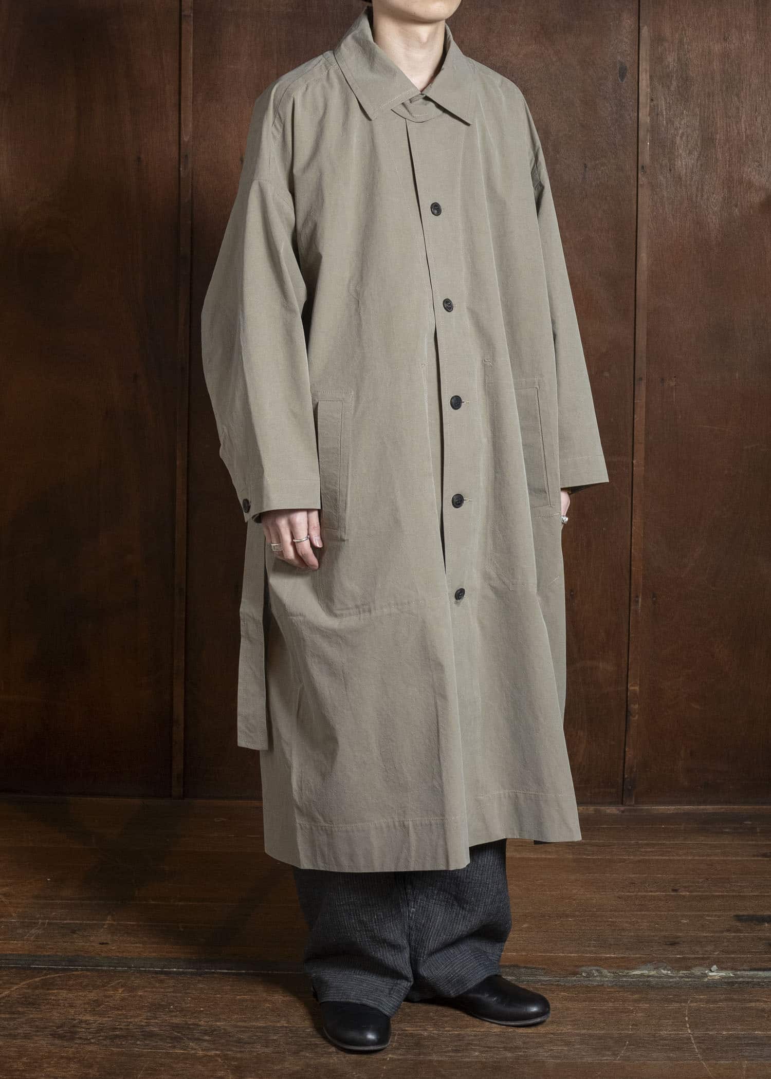 JAN-JAN VAN ESSCHE COAT#34 LONG COAT JET POCKETS, BACK SPLIT, BELT, UNLINED Time Washed Light | Stone Grey