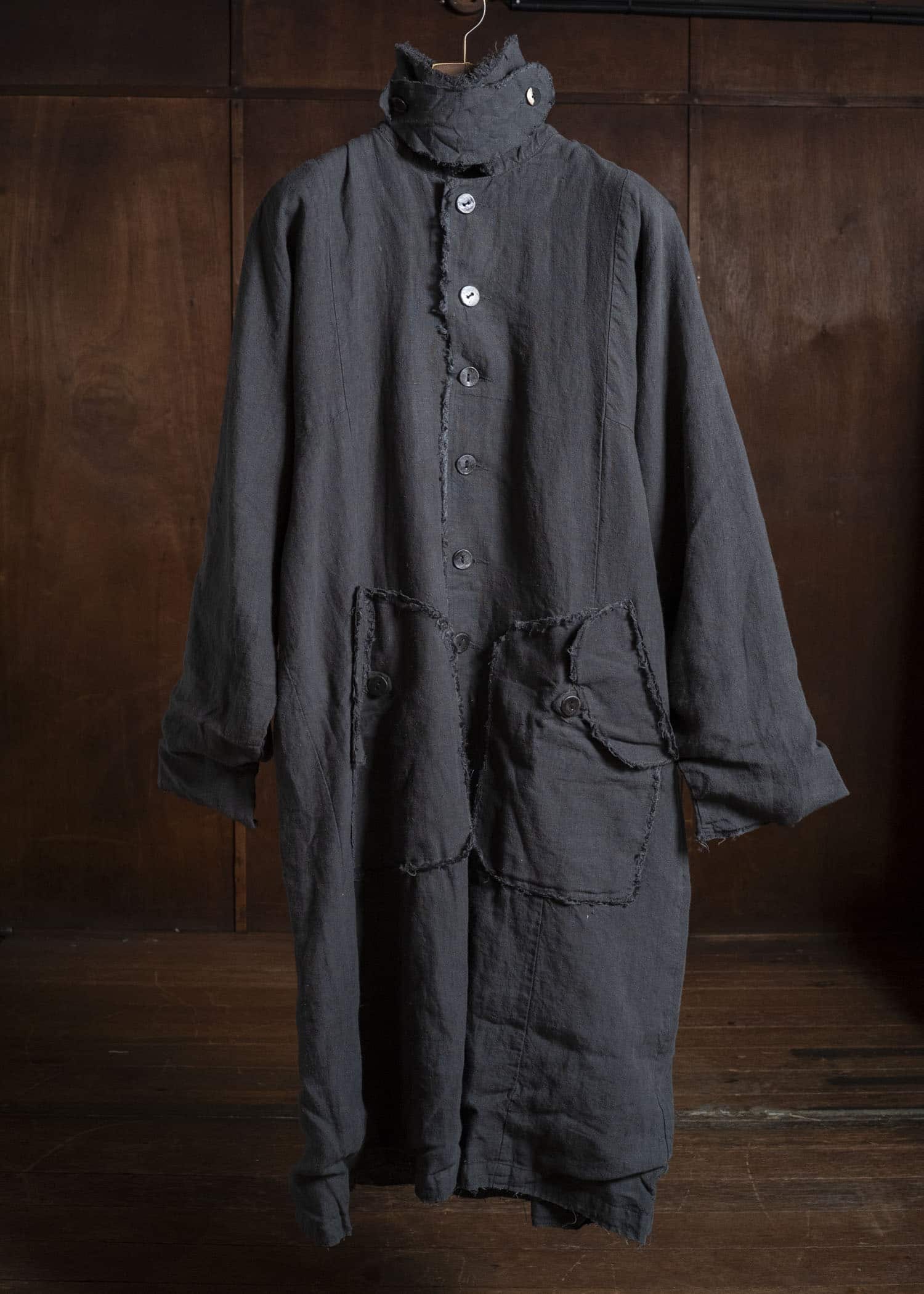Gathering Textiles Farmer Coat (Shell Buttons) Japanese Stone Washed Linen , Black Rose Silk Lining FAC02-LI-BK