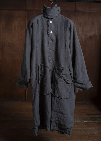 Gathering Textiles Farmer Coat (Shell Buttons) Japanese Stone Washed Linen , Black Rose Silk Lining FAC02-LI-BK