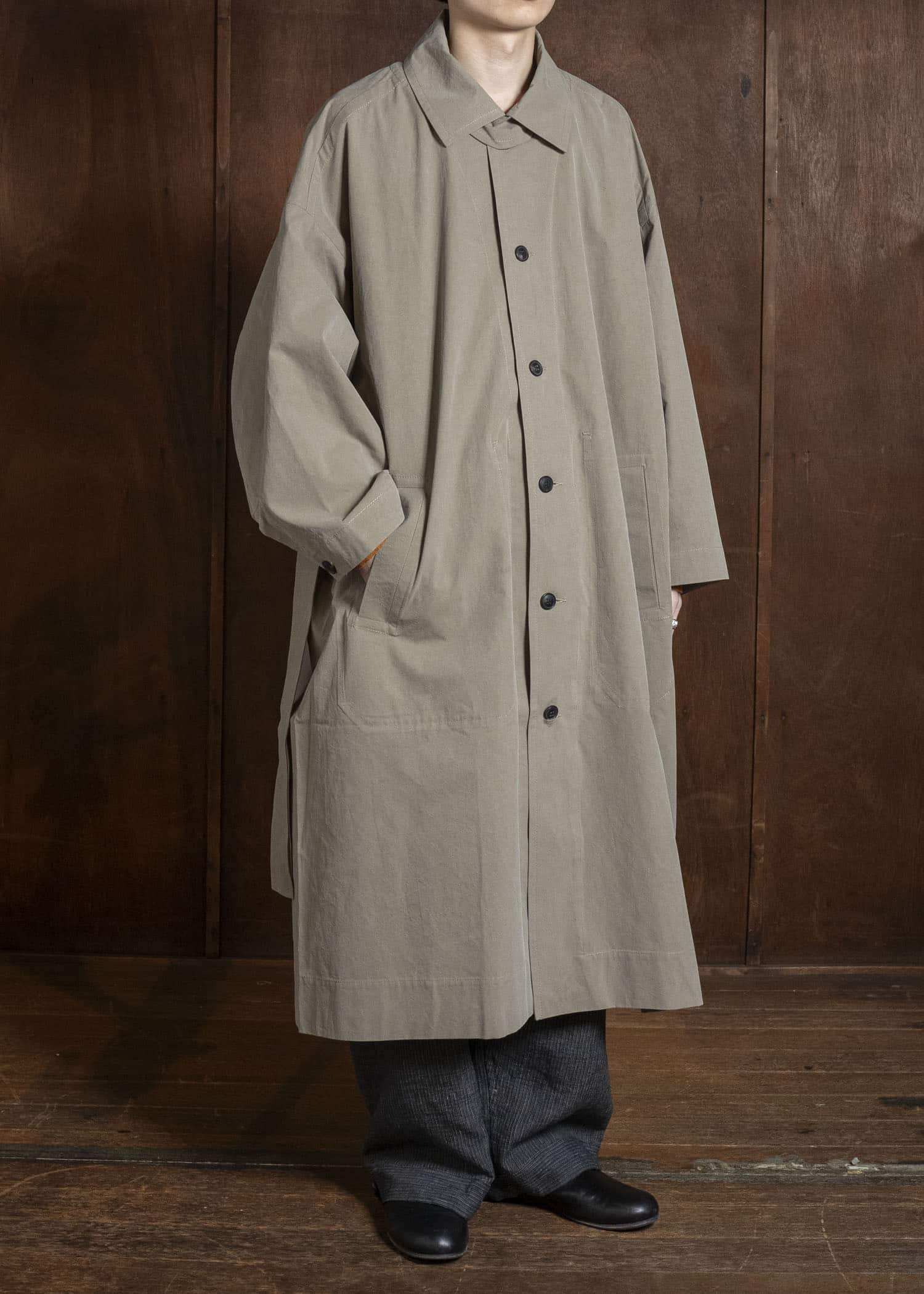 JAN-JAN VAN ESSCHE COAT#34 LONG COAT JET POCKETS, BACK SPLIT, BELT, UNLINED Time Washed Light | Stone Grey
