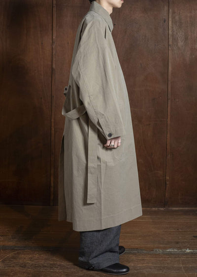 JAN-JAN VAN ESSCHE COAT#34 LONG COAT JET POCKETS, BACK SPLIT, BELT, UNLINED Time Washed Light | Stone Grey