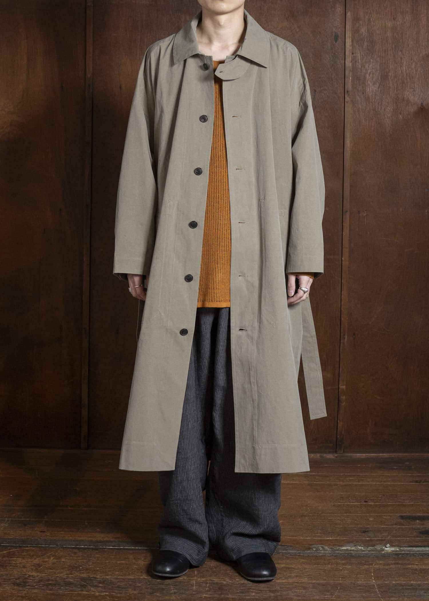JAN-JAN VAN ESSCHE COAT#34 LONG COAT JET POCKETS, BACK SPLIT, BELT, UNLINED Time Washed Light | Stone Grey