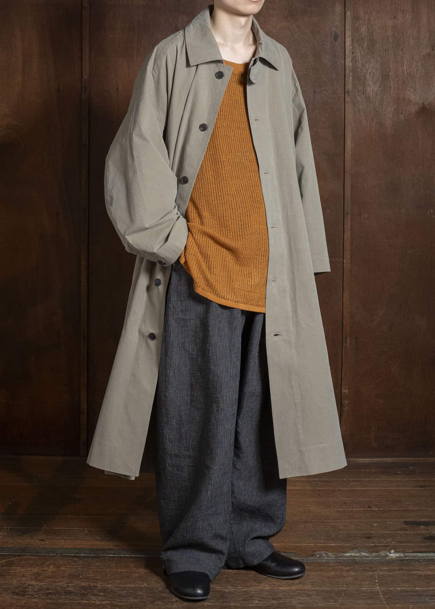 JAN-JAN VAN ESSCHE COAT#34 LONG COAT JET POCKETS, BACK SPLIT, BELT, UNLINED Time Washed Light | Stone Grey