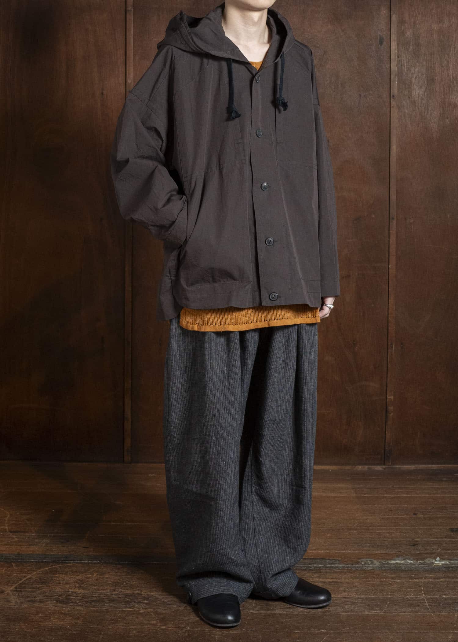 JAN-JAN VAN ESSCHE JACKET#65 HOODED JACKET WITH DOUBLE PATCH POCKETS, UNLINED Cotton Silk Canvas | Old Mahogany