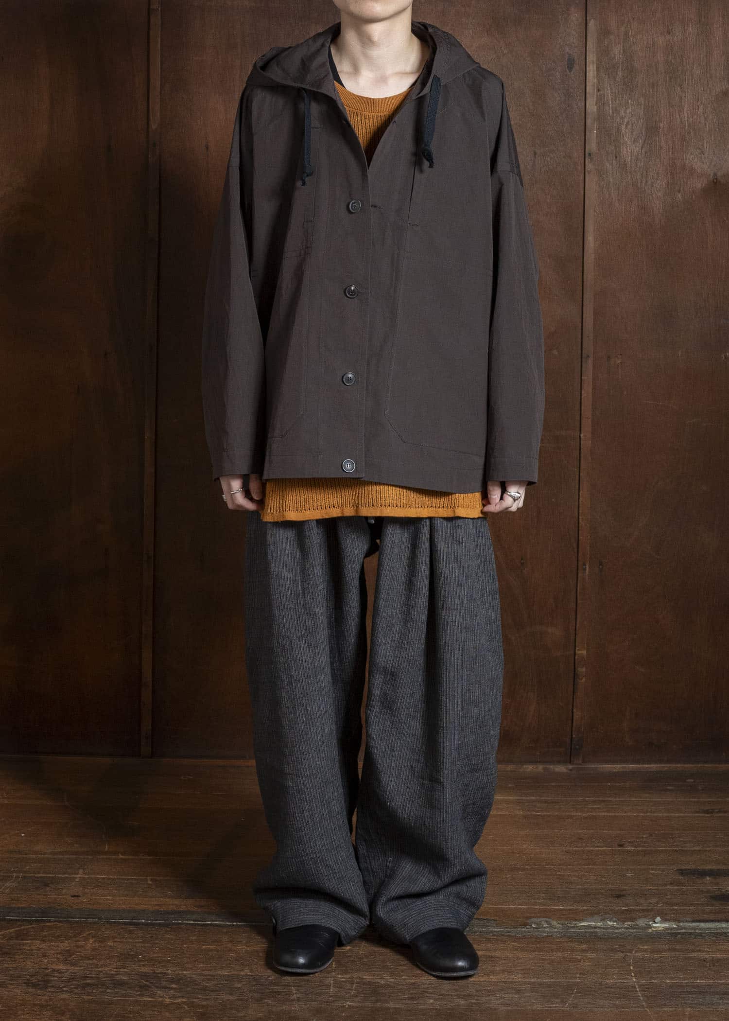 JAN-JAN VAN ESSCHE JACKET#65 HOODED JACKET WITH DOUBLE PATCH POCKETS, UNLINED Cotton Silk Canvas | Old Mahogany