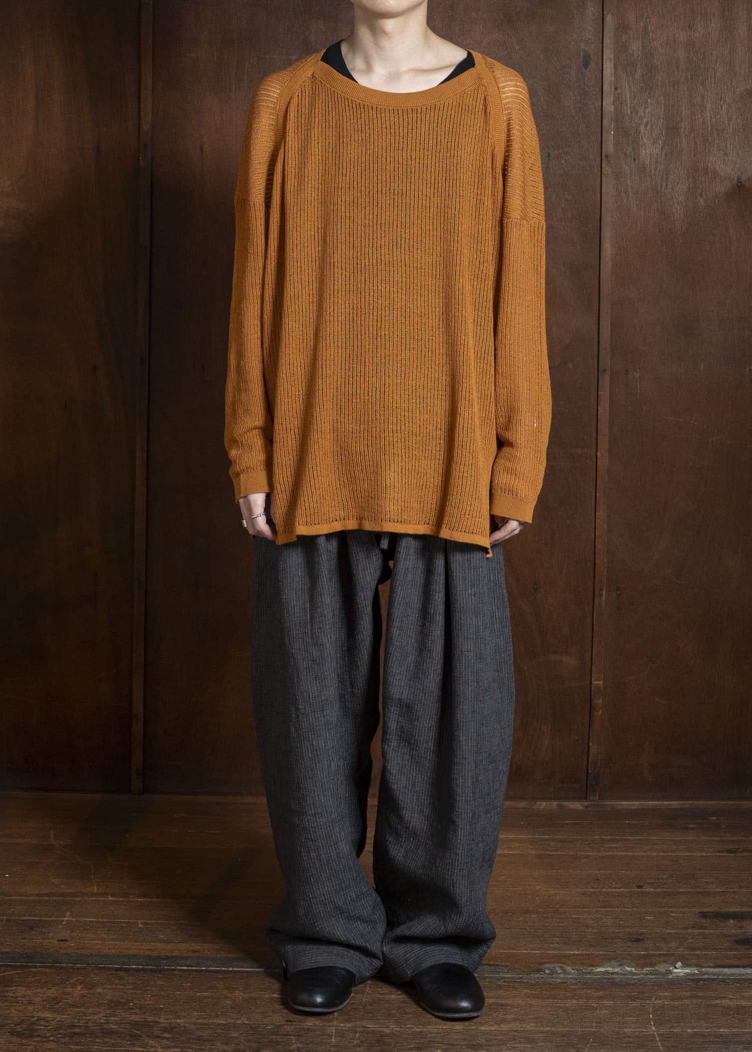KNIT#76 LONG SLEEVE BOAT NECK MESH KNIT Linen Cotton Mesh | Orange