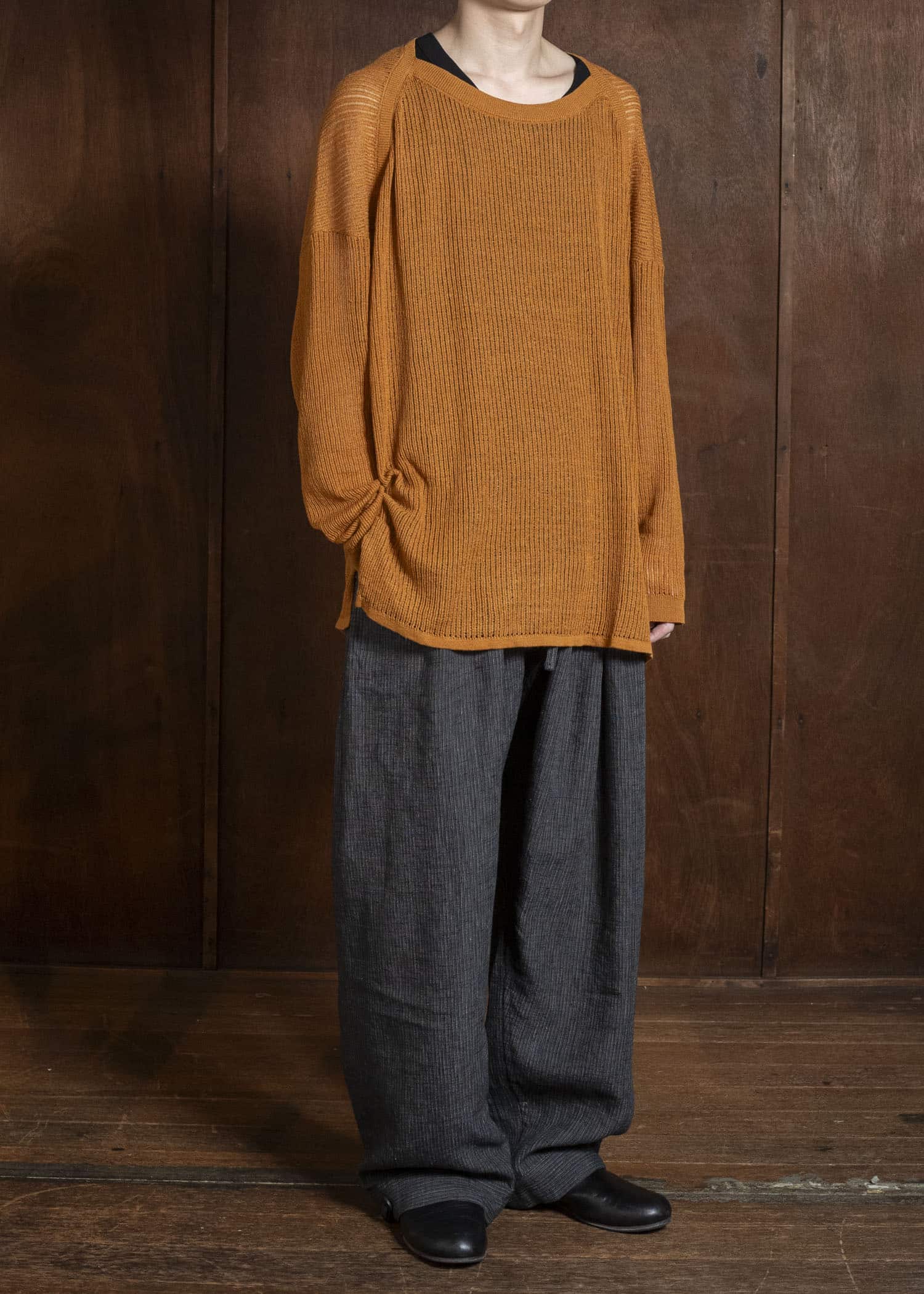 JAN-JAN VAN ESSCHE KNIT#76 LONG SLEEVE BOAT NECK MESH KNIT Linen Cotton Mesh | Orange