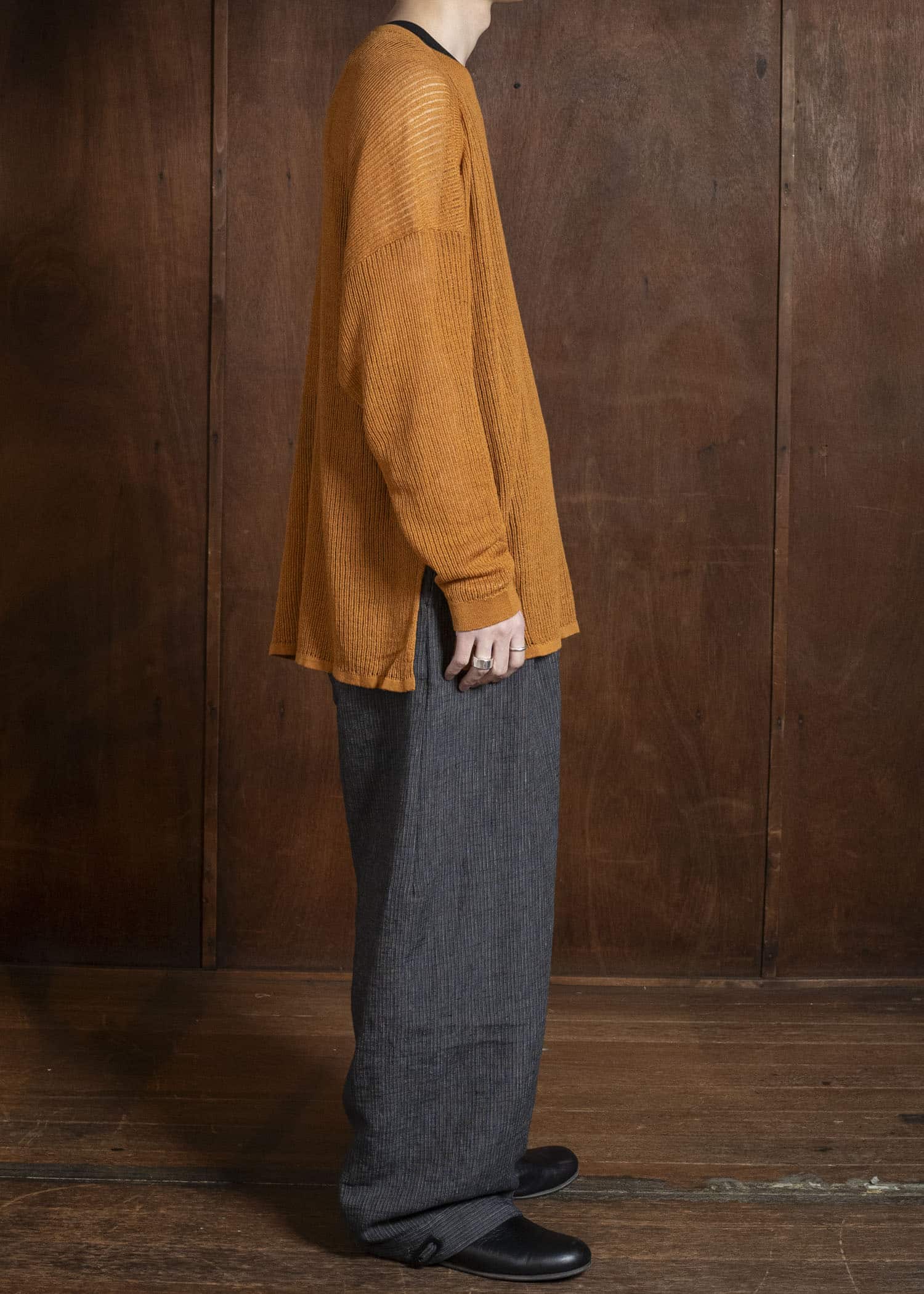 KNIT#76 LONG SLEEVE BOAT NECK MESH KNIT Linen Cotton Mesh | Orange