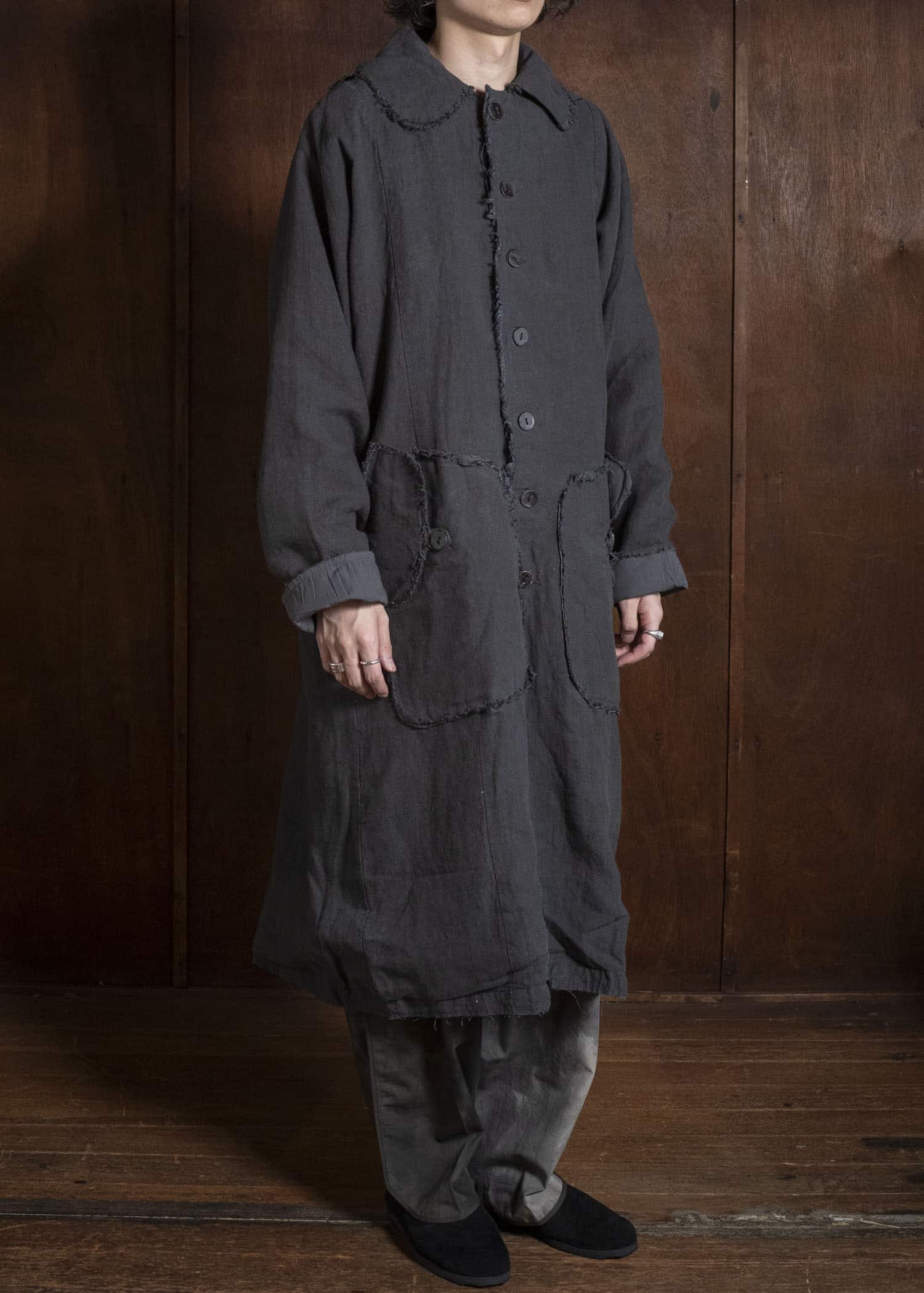 Gathering Textiles Farmer Coat (Shell Buttons) Japanese Stone Washed Linen , Black Rose Silk Lining FAC02-LI-BK