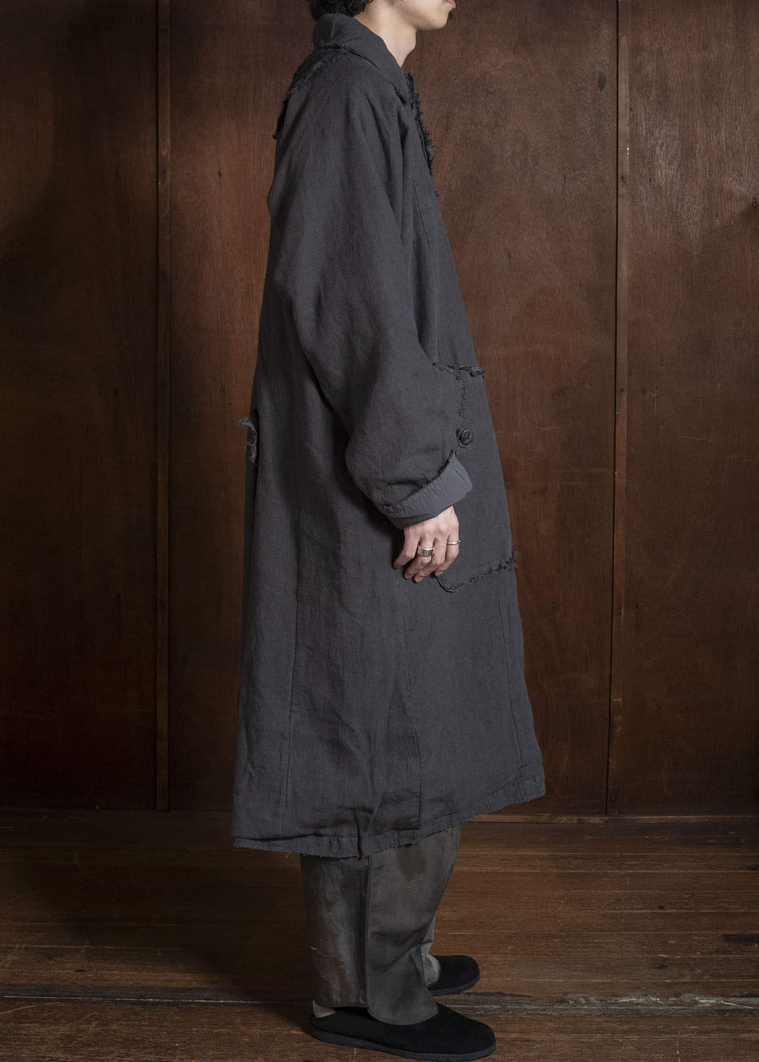 Gathering Textiles Farmer Coat (Shell Buttons) Japanese Stone Washed Linen , Black Rose Silk Lining FAC02-LI-BK