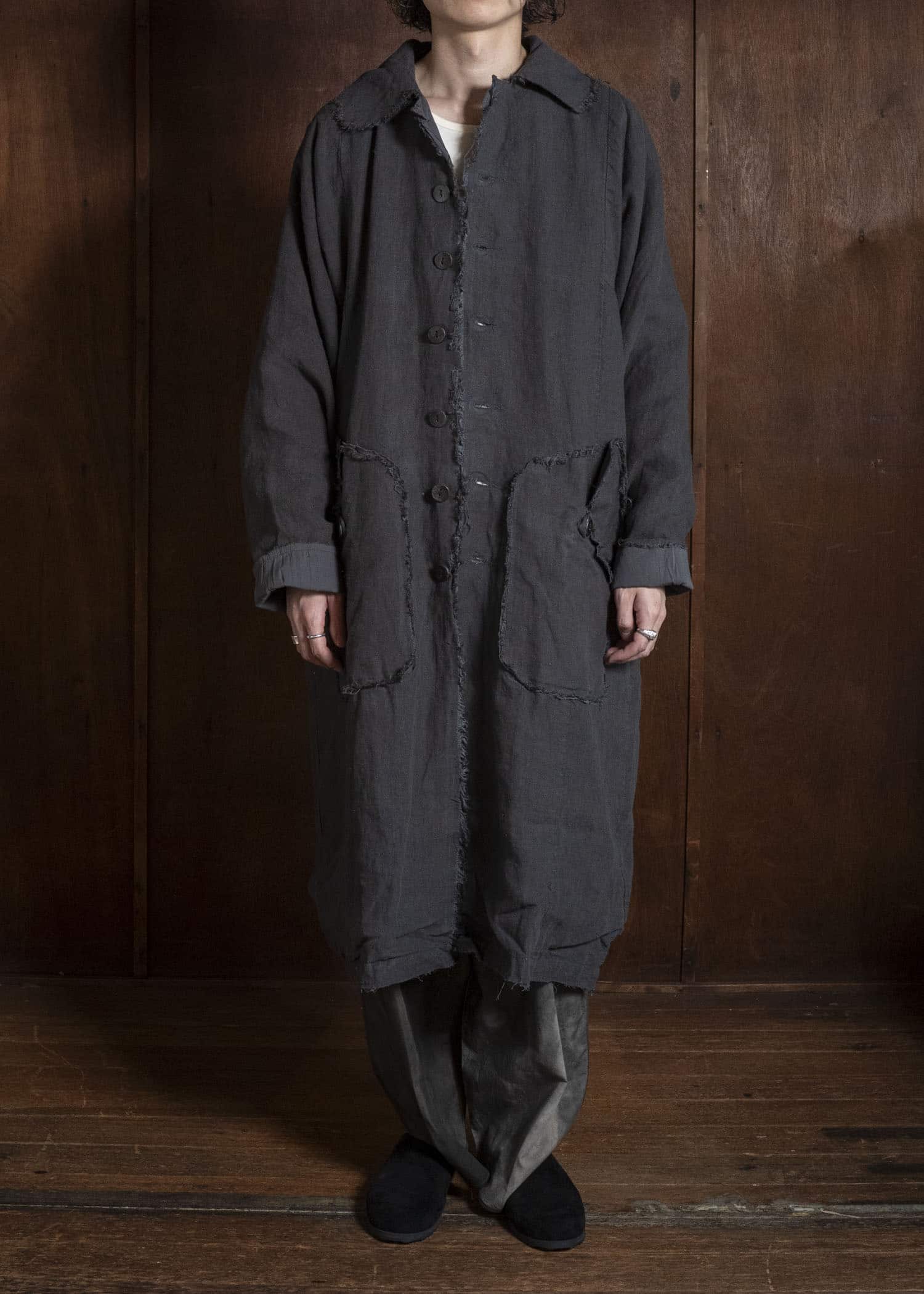 Gathering Textiles Farmer Coat (Shell Buttons) Japanese Stone Washed Linen , Black Rose Silk Lining FAC02-LI-BK