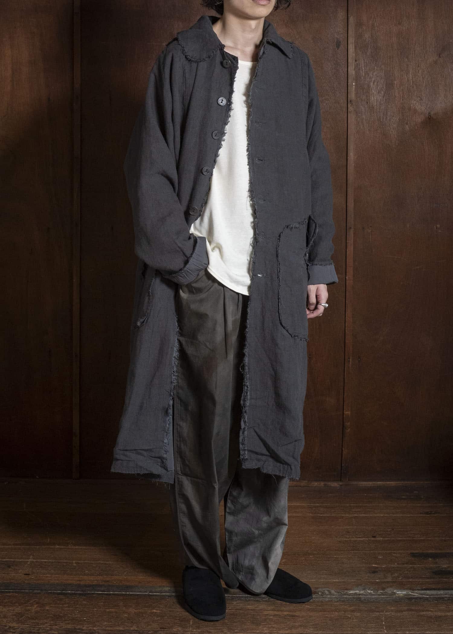 Gathering Textiles Farmer Coat (Shell Buttons) Japanese Stone Washed Linen , Black Rose Silk Lining FAC02-LI-BK