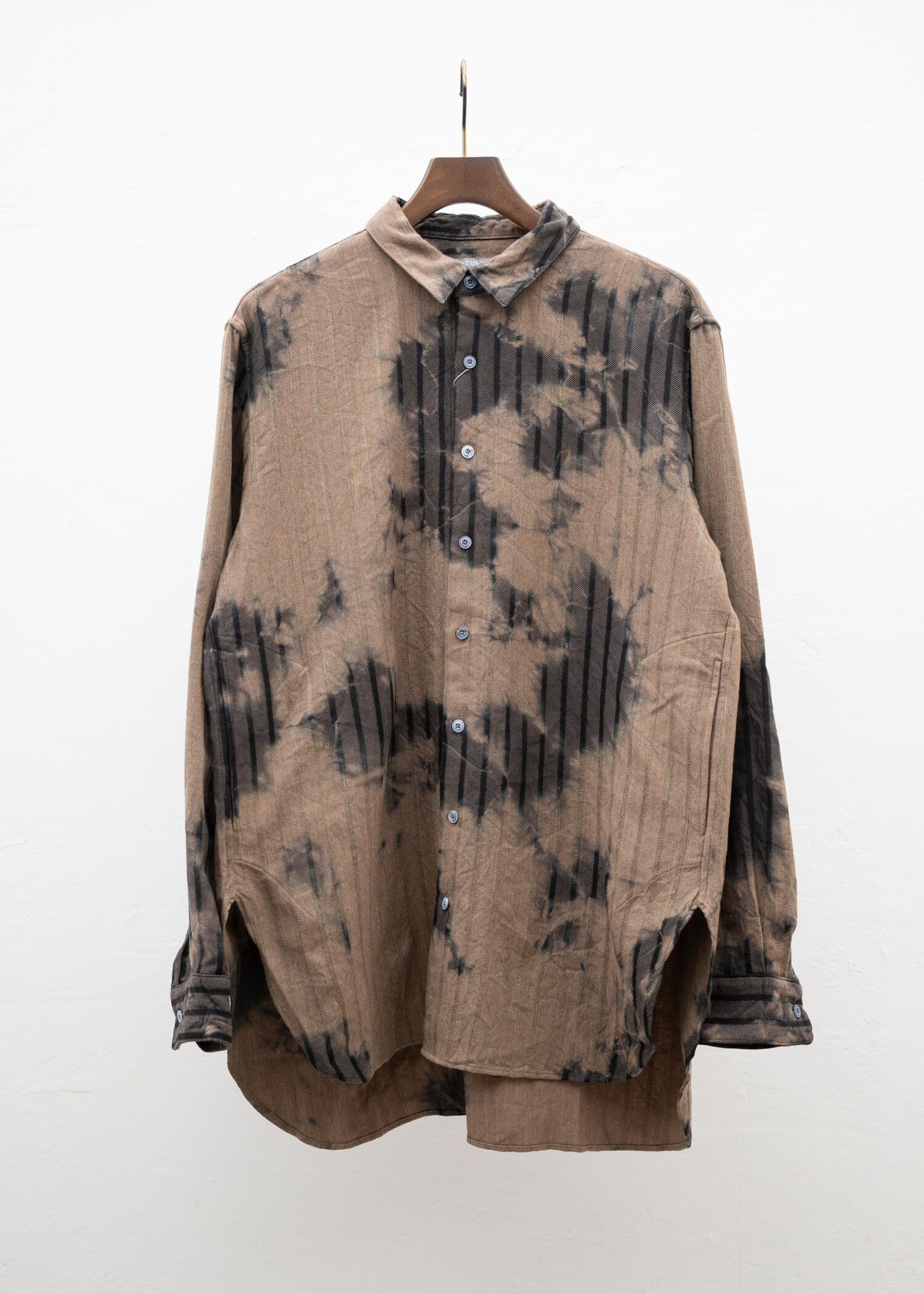 SUZUSAN Wool Cotton Dobby Stripe Shirt(Madara Shibori) Black - Camel