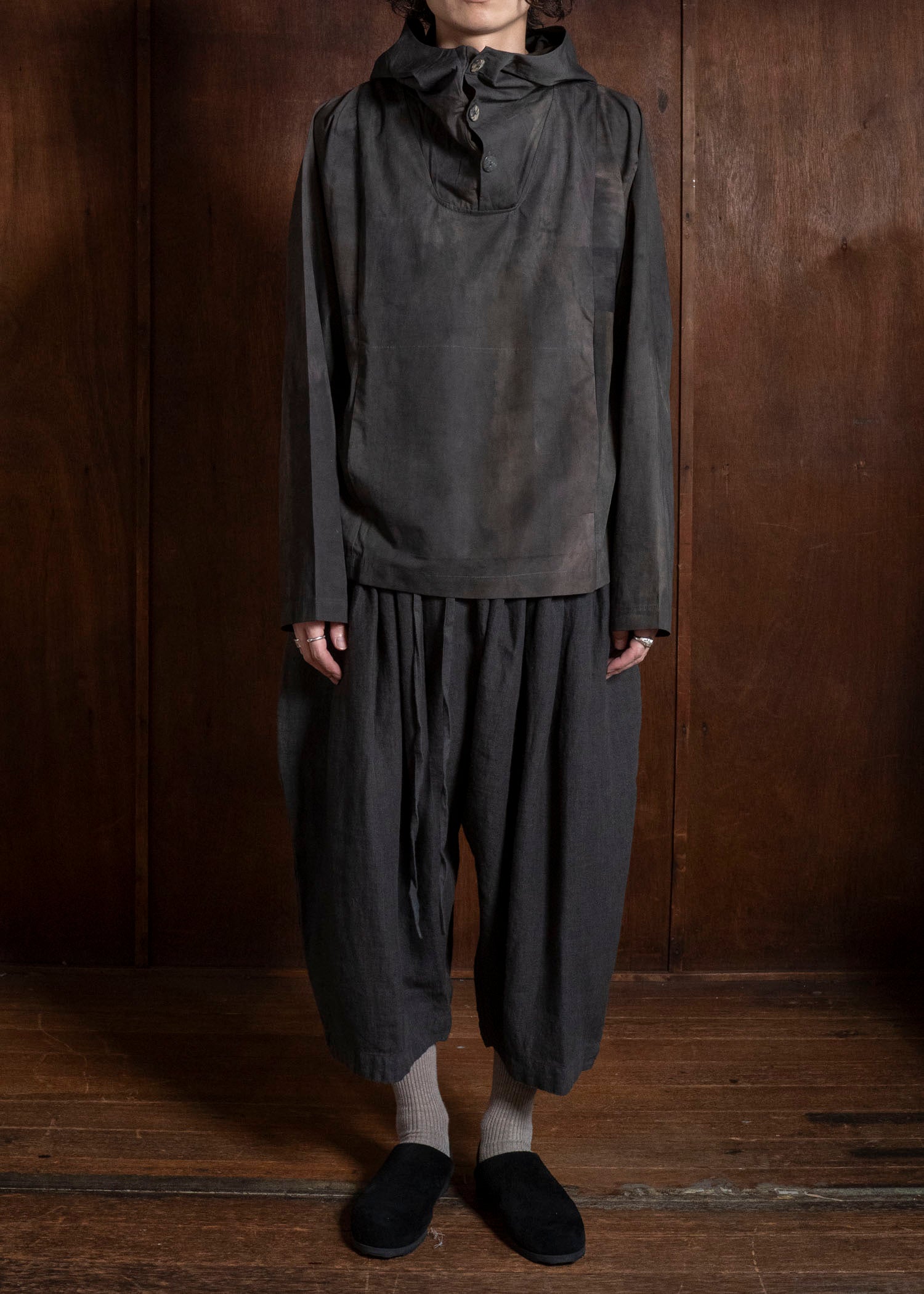 Gathering Textiles Fisherman Hoodie Hand Painted Organic Cotton Poplin , Natural Dye FIH02-CP-DM