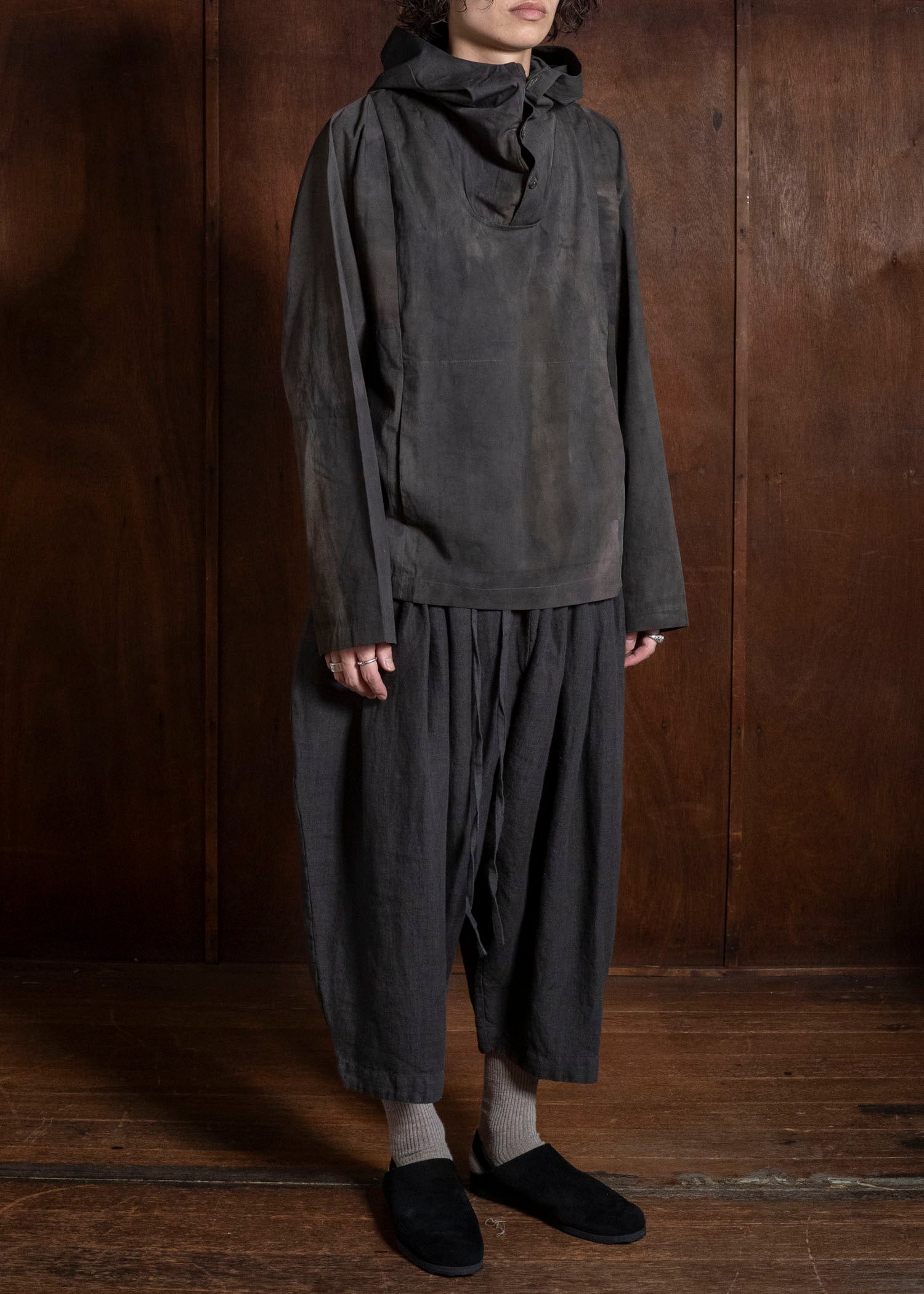Gathering Textiles Fisherman Hoodie Hand Painted Organic Cotton Poplin , Natural Dye FIH02-CP-DM