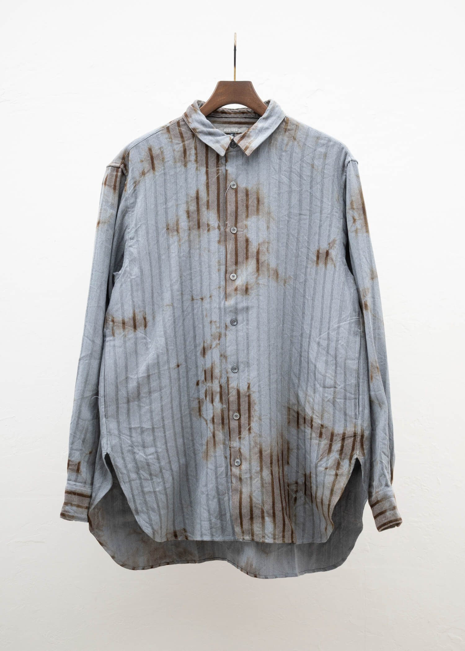 SUZUSAN Wool Cotton Dobby Stripe Shirt(Madara Shibori) Brown - Light Grey