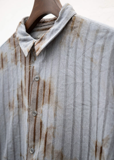 SUZUSAN Wool Cotton Dobby Stripe Shirt(Madara Shibori) Brown - Light Grey