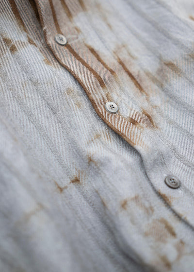 SUZUSAN Wool Cotton Dobby Stripe Shirt(Madara Shibori) Brown - Light Grey