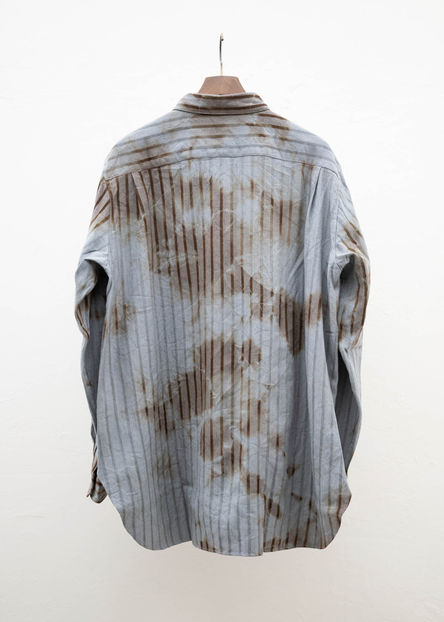 SUZUSAN Wool Cotton Dobby Stripe Shirt(Madara Shibori) Brown - Light Grey