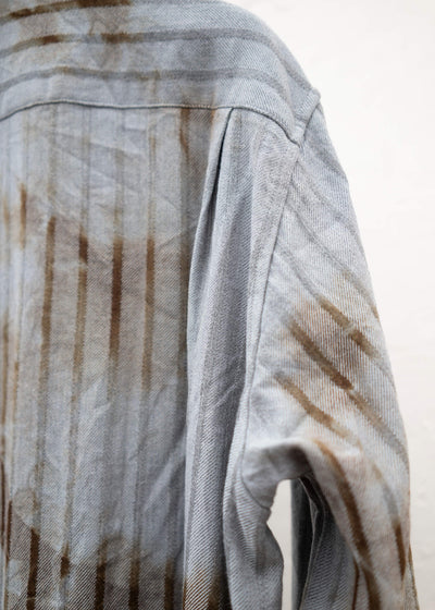 SUZUSAN Wool Cotton Dobby Stripe Shirt(Madara Shibori) Brown - Light Grey