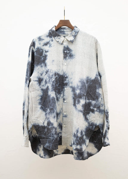 SUZUSAN Wool Cotton Linen Pencil Check Shirt(Madara Shibori) Black - Natura l White