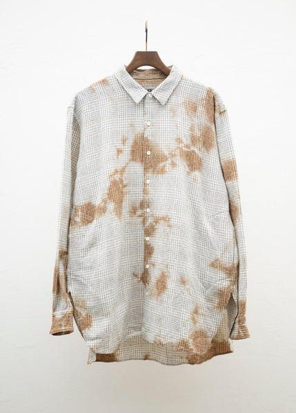 SUZUSAN Wool Cotton Linen Pencil Check Shirt(Madara Shibori) Brown - Natural White,