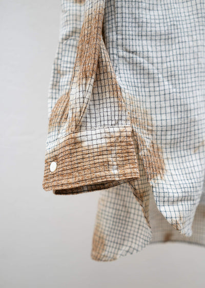 SUZUSAN Wool Cotton Linen Pencil Check Shirt(Madara Shibori) Brown - Natural White,