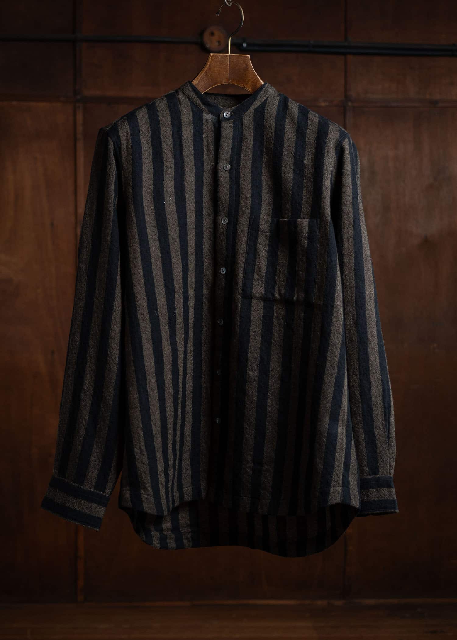 ITOH Band Collar Shirt Dark Brown Stripes IT.024.15.130