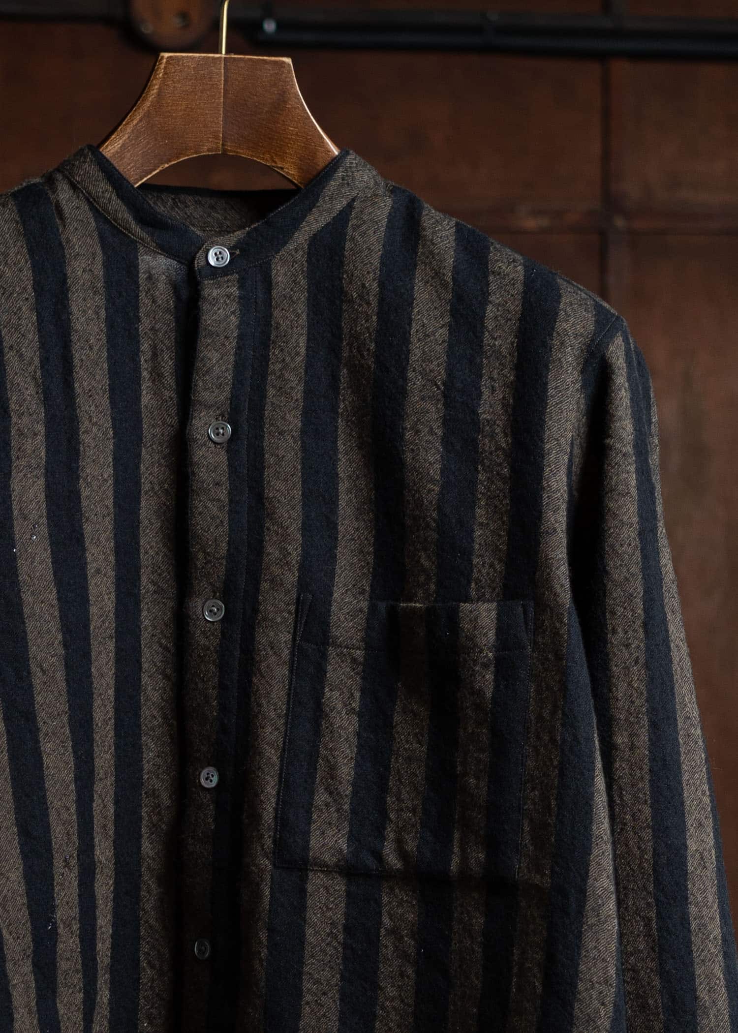 ITOH Band Collar Shirt Dark Brown Stripes IT.024.15.130