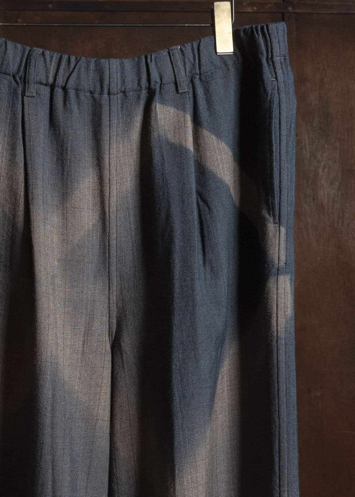 SUZUSAN 5050W-525 Wool Glen Check Drawstring Wide Pants itajime shibori X 2260 Dark Blue - Brown