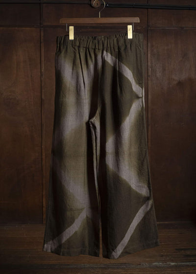 SUZUSAN 5050W-525 Wool Glen Check Drawstring Wide Pants itajime shibori X 8260 Dark Olive - Brown