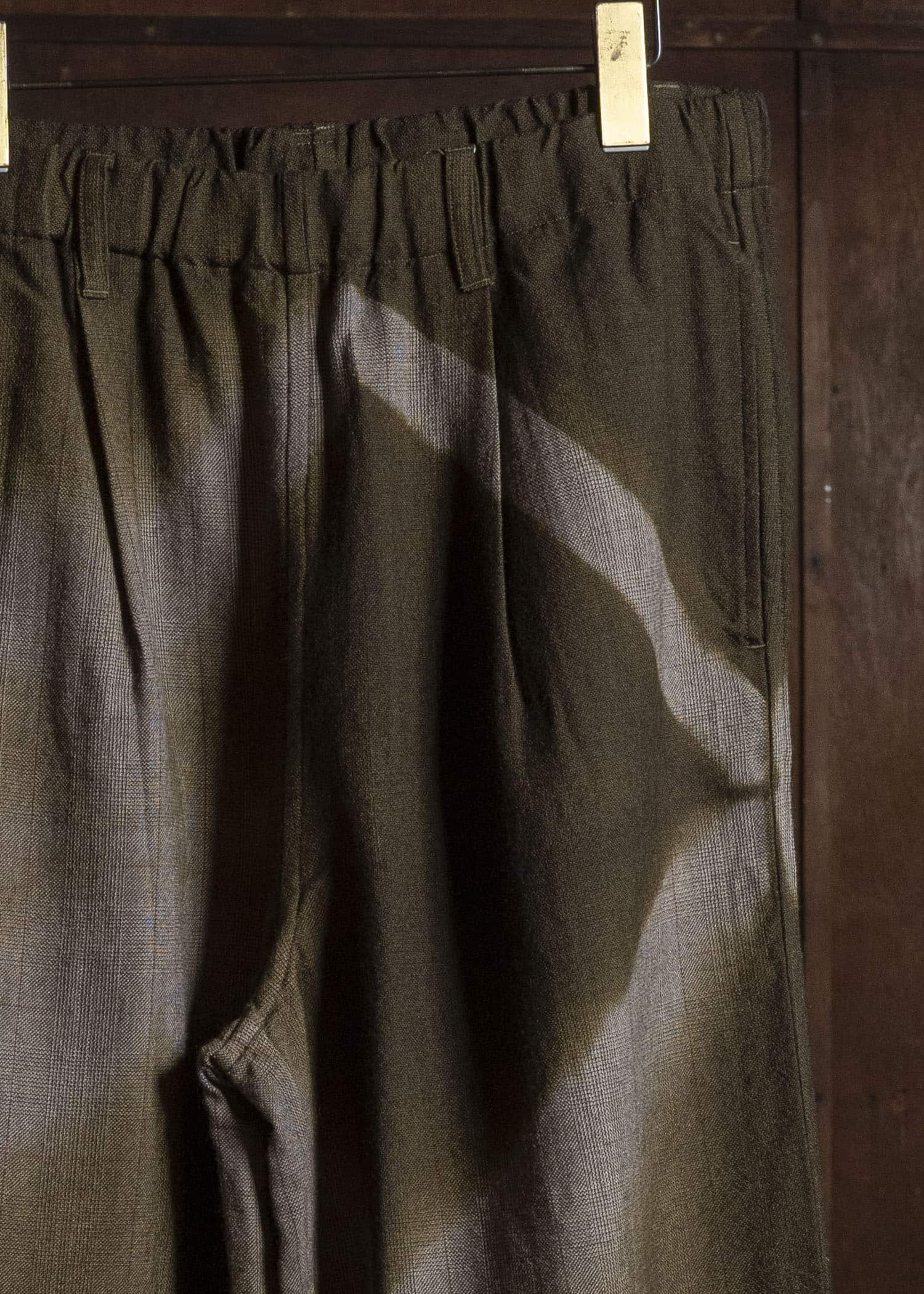 SUZUSAN 5050W-525 Wool Glen Check Drawstring Wide Pants itajime shibori X 8260 Dark Olive - Brown