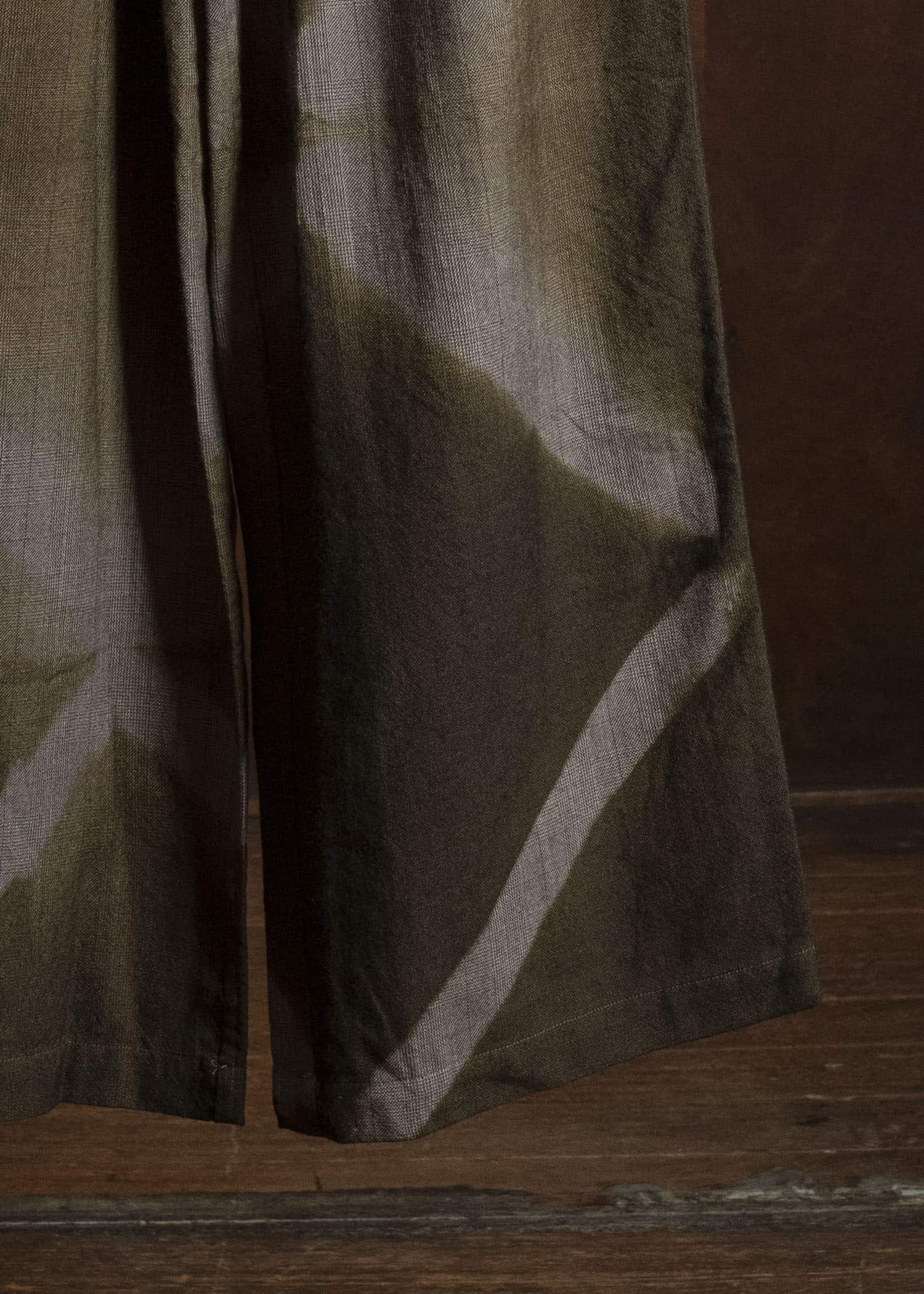 SUZUSAN 5050W-525 Wool Glen Check Drawstring Wide Pants itajime shibori X 8260 Dark Olive - Brown