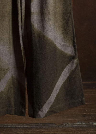 SUZUSAN 5050W-525 Wool Glen Check Drawstring Wide Pants itajime shibori X 8260 Dark Olive - Brown