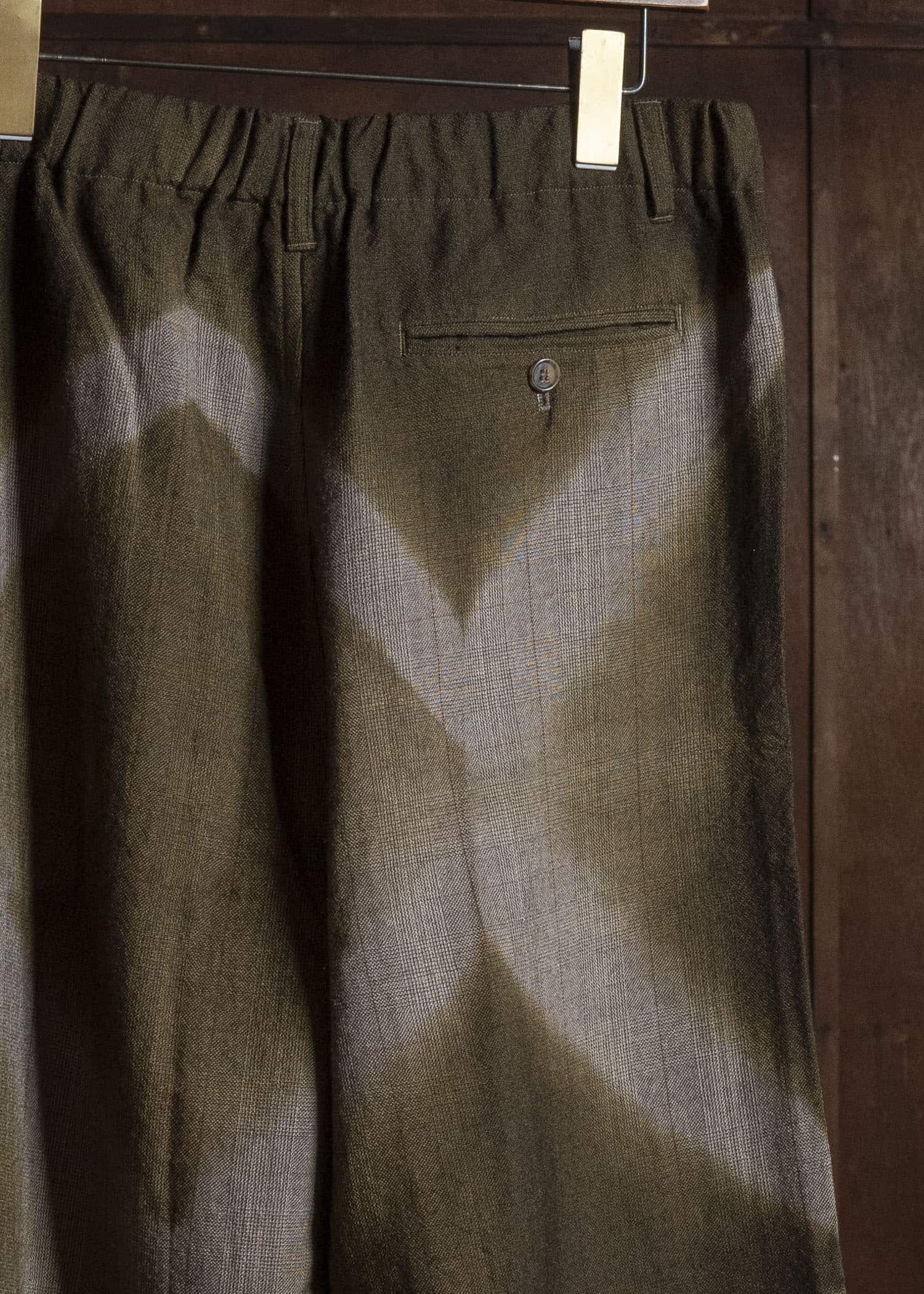 SUZUSAN 5050W-525 Wool Glen Check Drawstring Wide Pants itajime shibori X 8260 Dark Olive - Brown