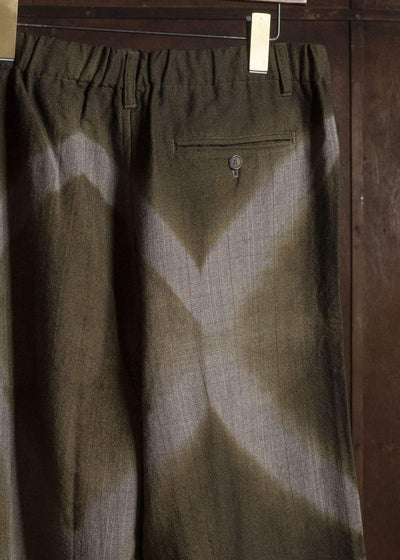 SUZUSAN 5050W-525 Wool Glen Check Drawstring Wide Pants itajime shibori X 8260 Dark Olive - Brown