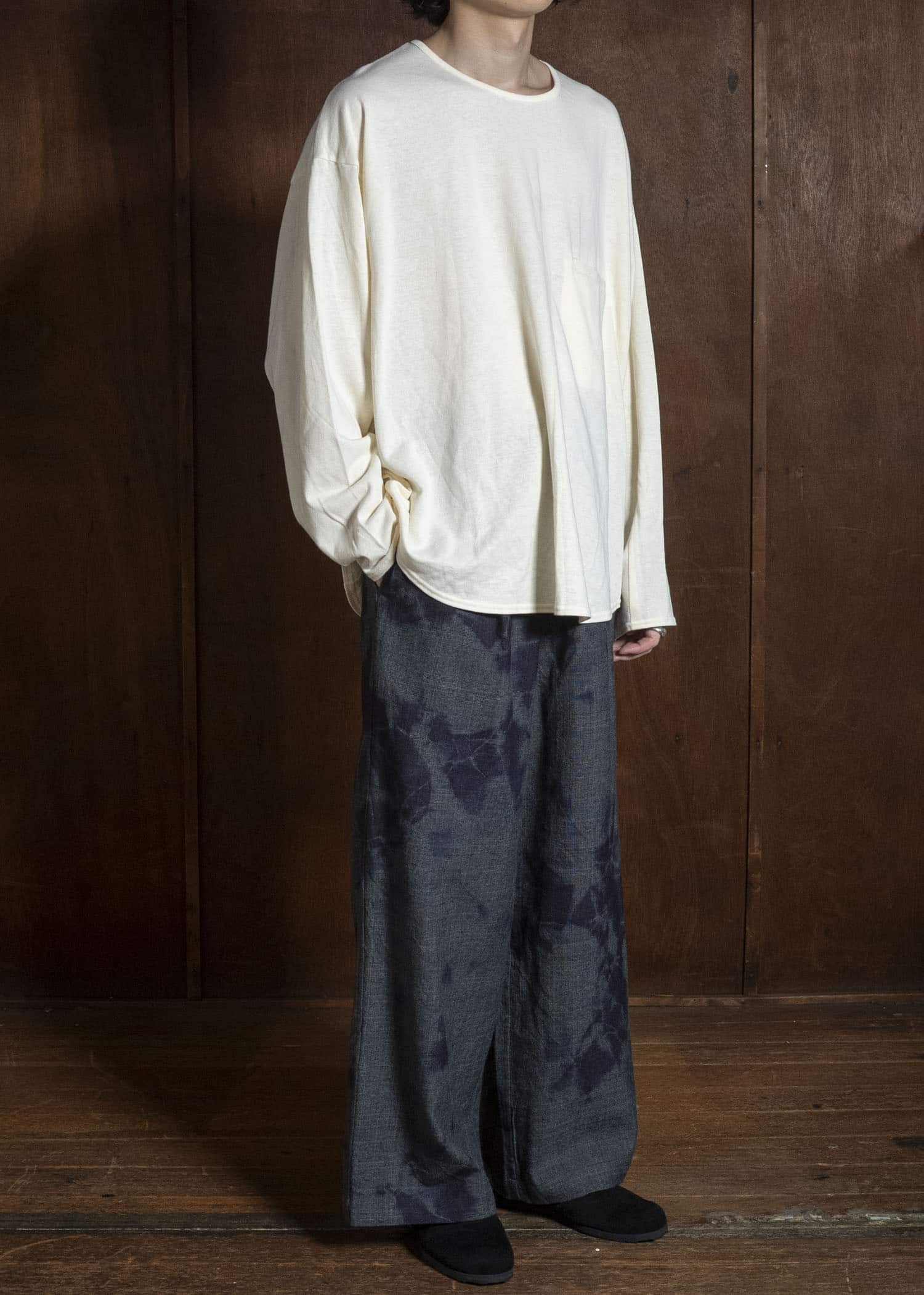 SUZUSAN 5050W-010 Wool Glen Check Drawstring Wide Pants madara sibori 1011 Black - Dark Grey