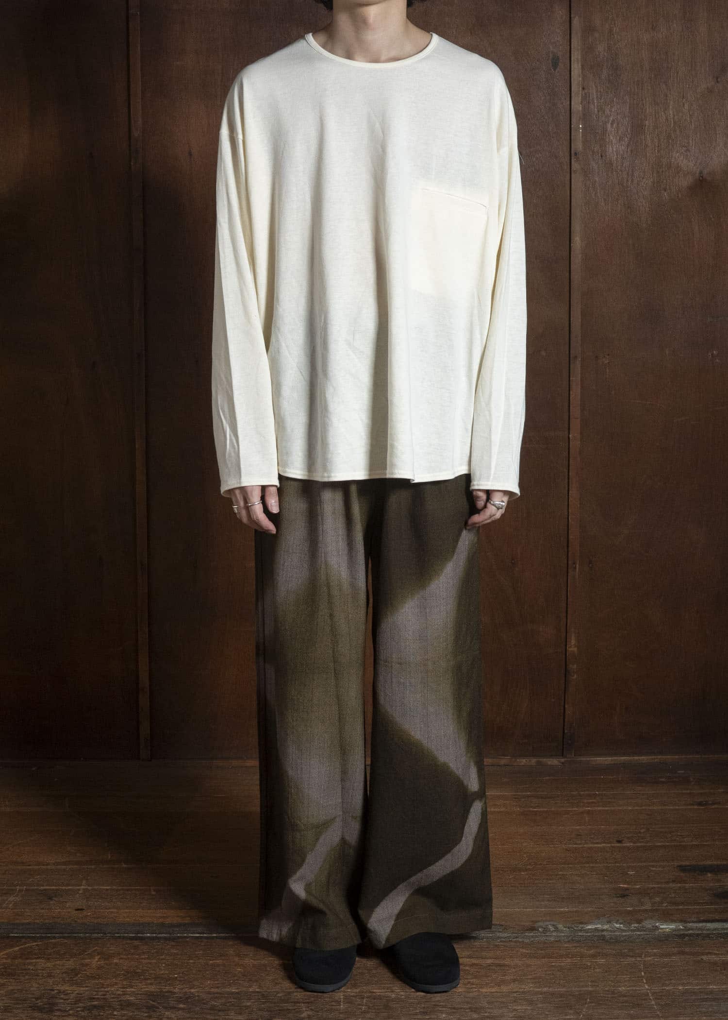 SUZUSAN 5050W-525 Wool Glen Check Drawstring Wide Pants itajime shibori X 8260 Dark Olive - Brown