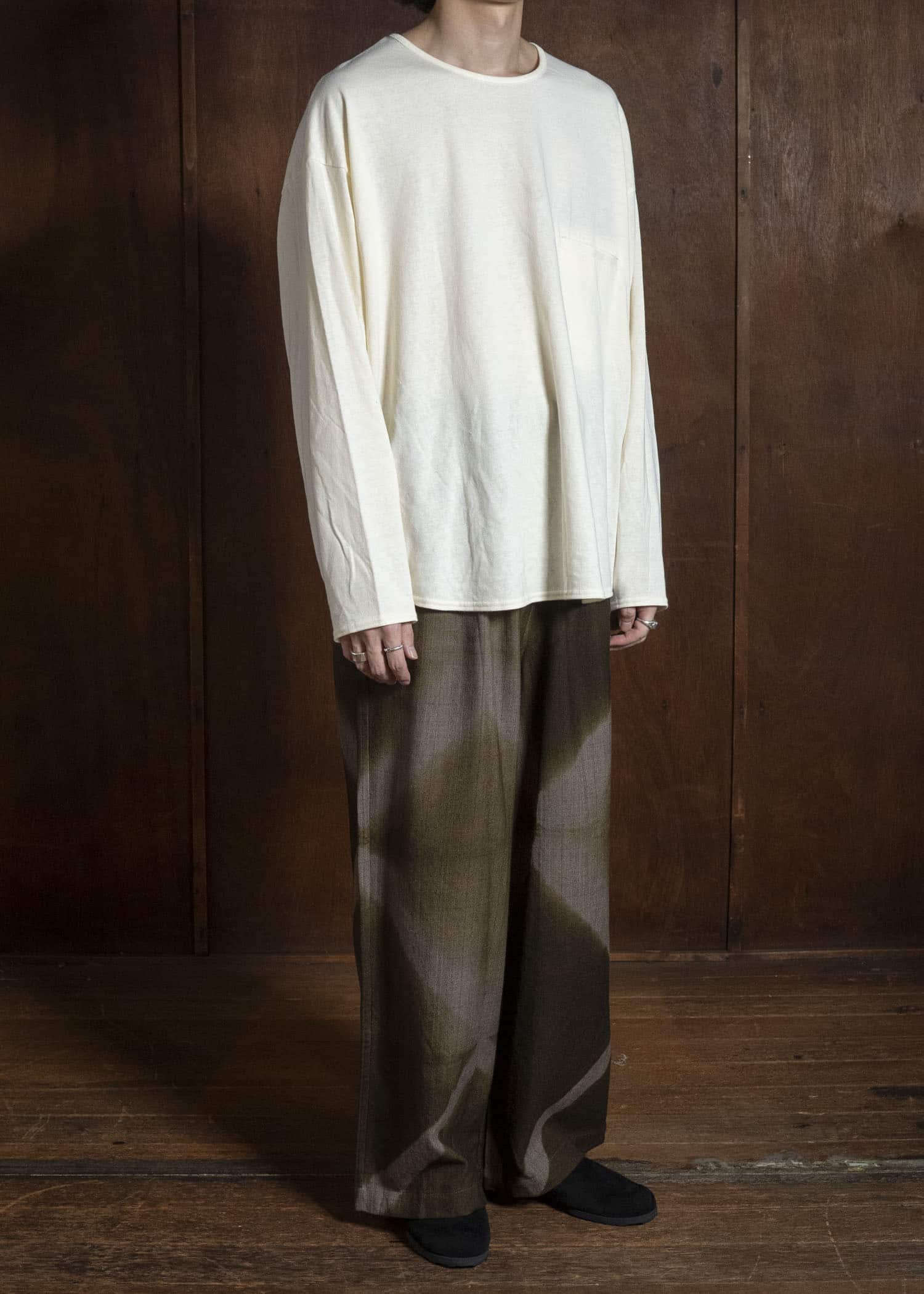 SUZUSAN 5050W-525 Wool Glen Check Drawstring Wide Pants itajime shibori X 8260 Dark Olive - Brown