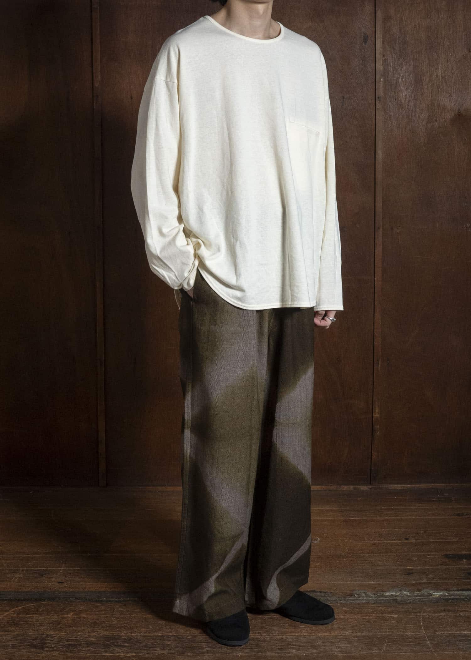 SUZUSAN 5050W-525 Wool Glen Check Drawstring Wide Pants itajime shibori X 8260 Dark Olive - Brown