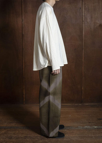 SUZUSAN 5050W-525 Wool Glen Check Drawstring Wide Pants itajime shibori X 8260 Dark Olive - Brown