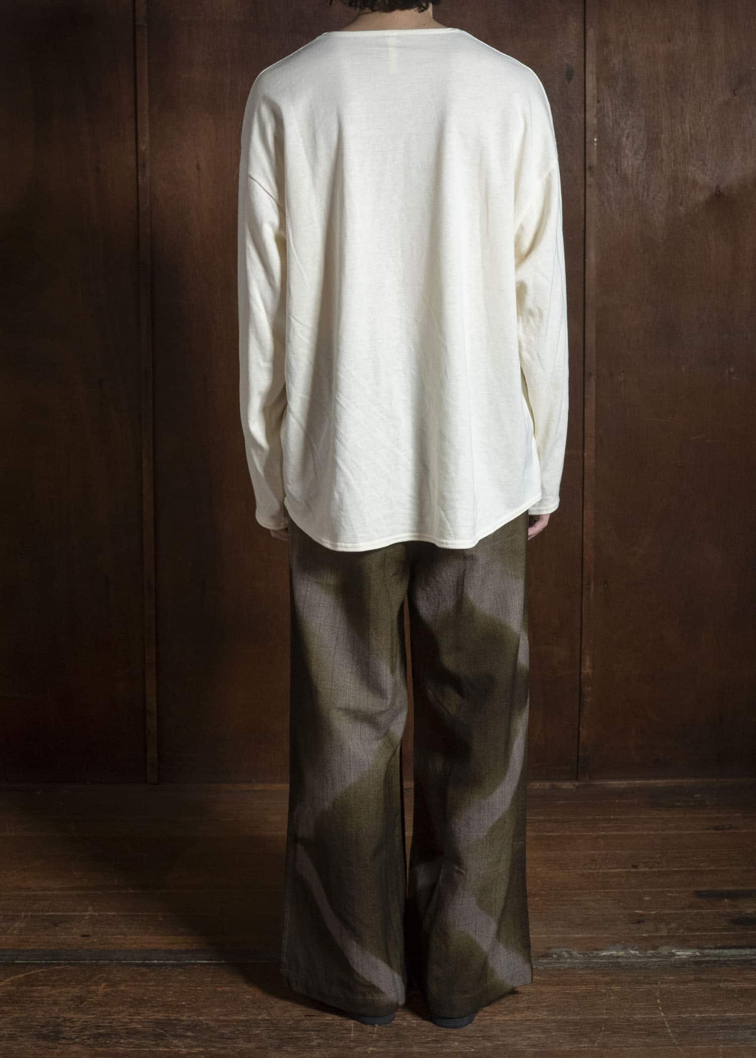 SUZUSAN 5050W-525 Wool Glen Check Drawstring Wide Pants itajime shibori X 8260 Dark Olive - Brown