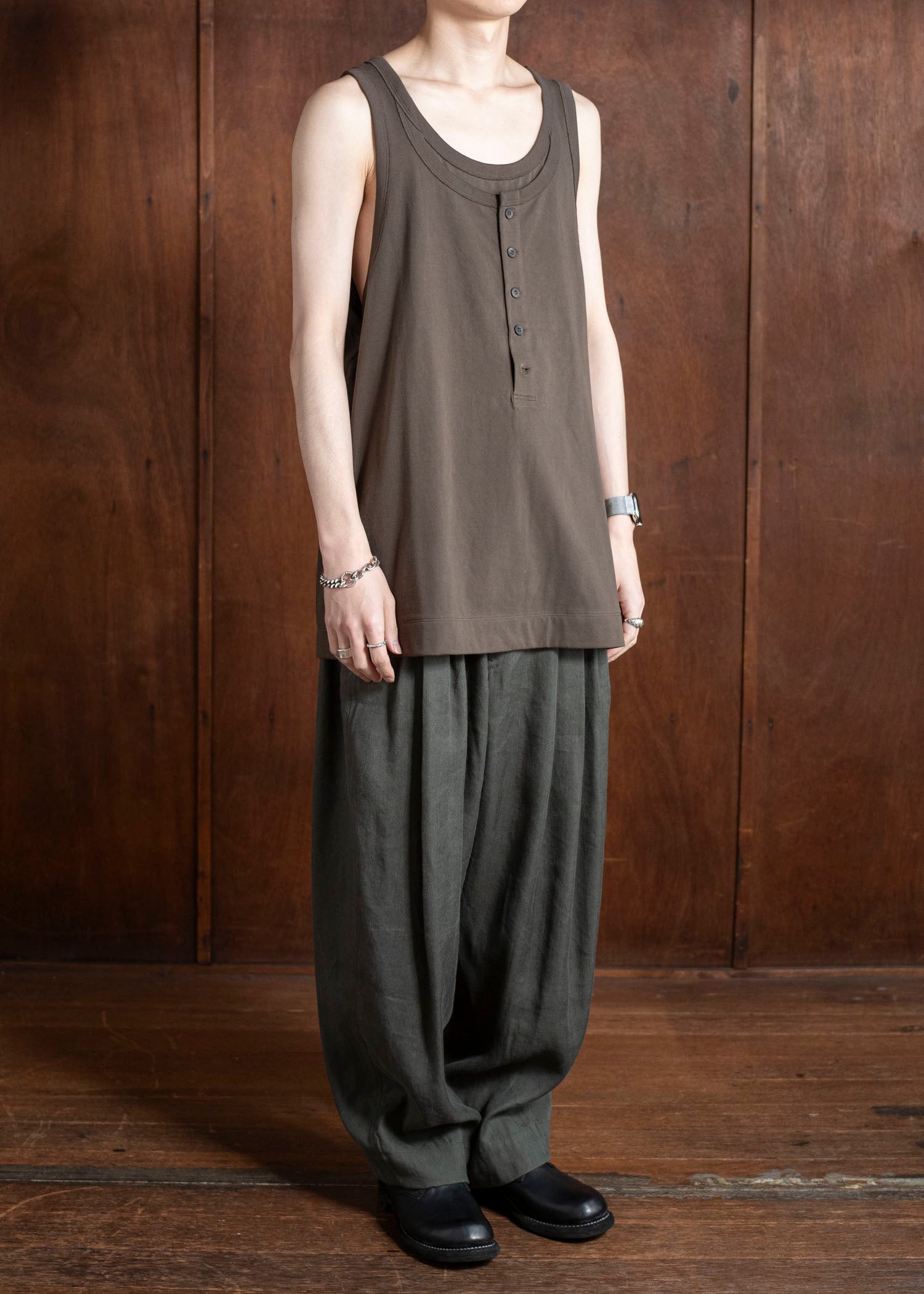 ZIGGY CHEN 0M2510216 Layered Jersey Henley Neck Tank Top DARK KHAKI