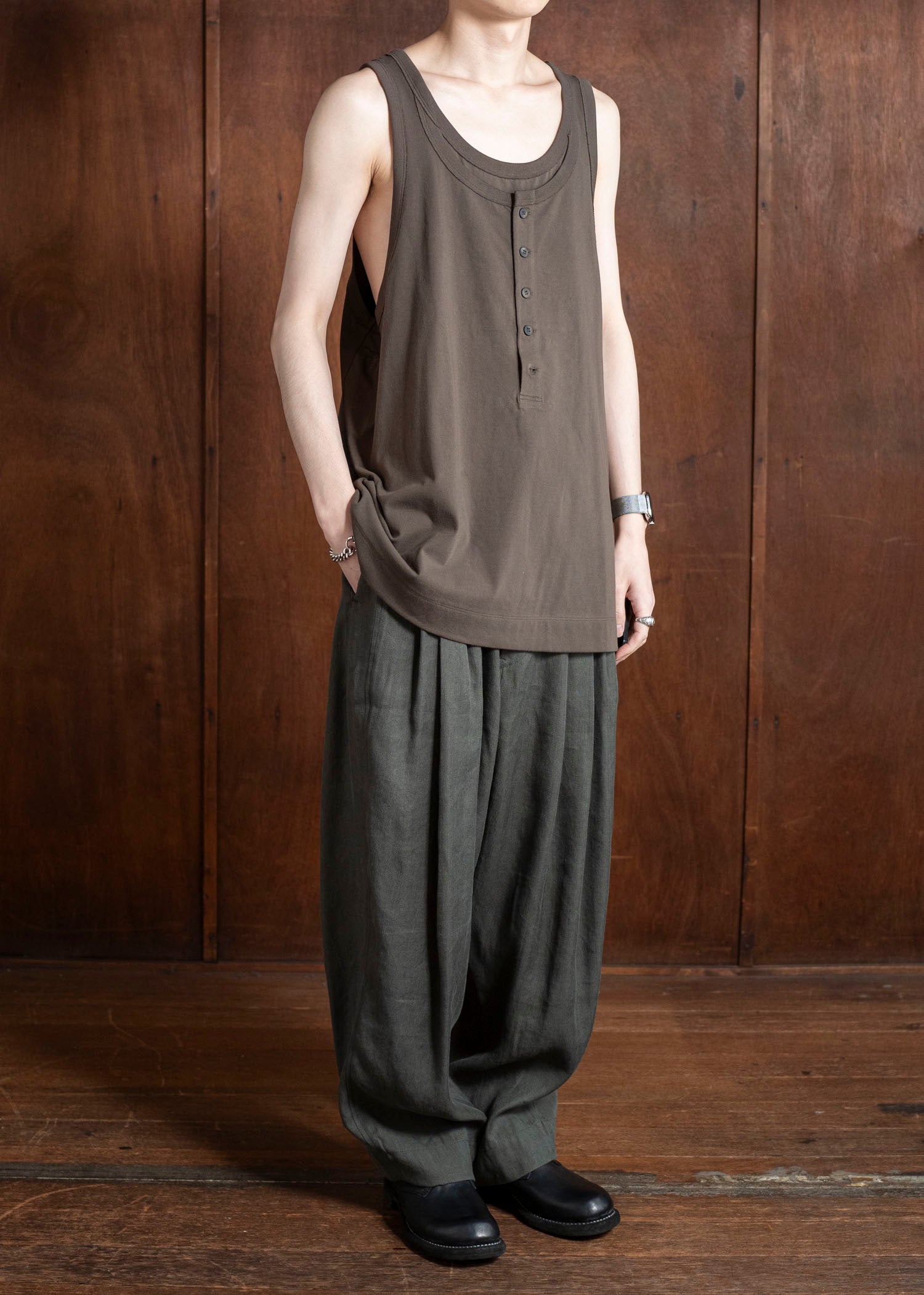 ZIGGY CHEN 0M2510216 Layered Jersey Henley Neck Tank Top DARK KHAKI