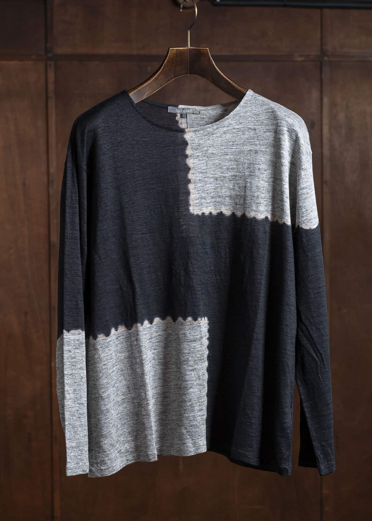 SUZUSAN Linen Jersey Long Sleeve Crew Neck Pullover 2057L-317-Black - Grey