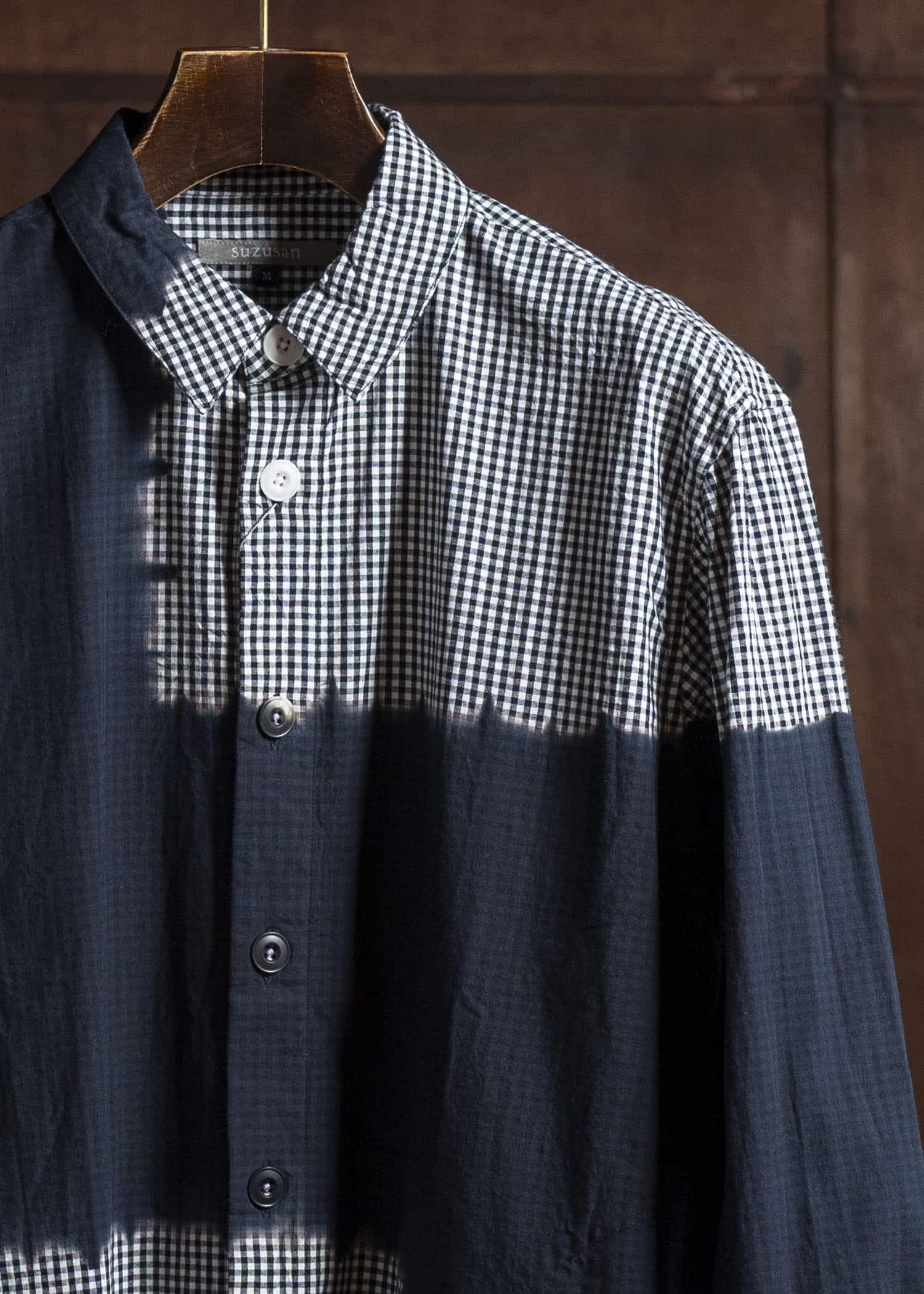 SUZUSAN Cotton Gingham Check Overshirt  Boushi Shibori Block 4063C-317-Black - Black