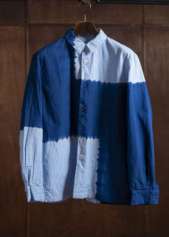 SUZUSAN Cotton Gingham Check Overshirt  Boushi Shibori Block 4063C-317-Dark Blue - Sky Blue