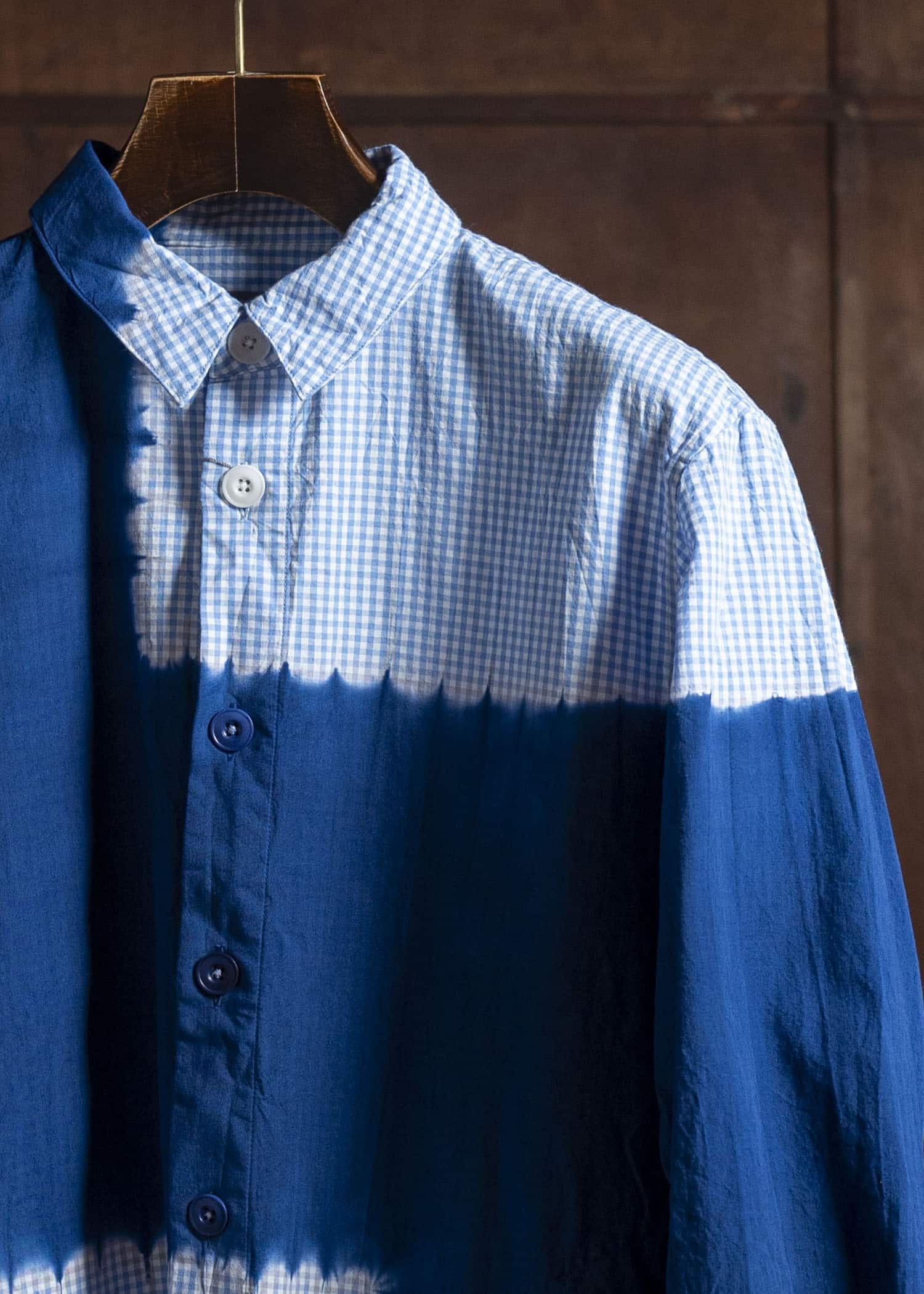 SUZUSAN Cotton Gingham Check Overshirt  Boushi Shibori Block 4063C-317-Dark Blue - Sky Blue