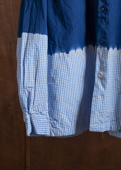 SUZUSAN Cotton Gingham Check Overshirt Boushi Shibori Block 4063C-317-Dark Blue - Sky Blue